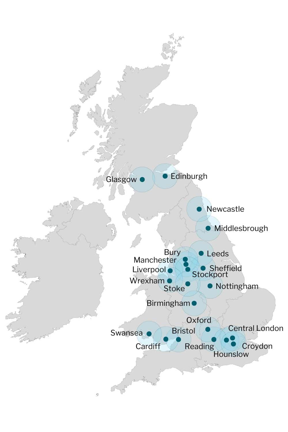 Map of the UK showing UK Biobank baseline assessment centres and their 25 mile radius including: Glasgow, Edinburgh, Newcastle, Middlesbrough, Bury, Leeds, Manchester, Liverpool, Sheffield, Stockport, Wrexham, Stoke, Nottingham, Birmingham, Oxford, Swansea, Cardiff, Bristol, Reading, Central London, Croydon, and Hounslow