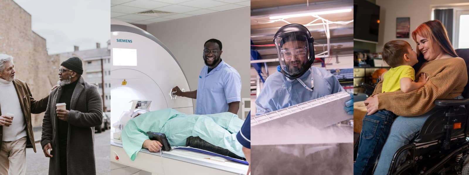 Four images in a row showing the following - a man holding a cup of coffee and smiling; a man lying down and going into a MRI scanner whilst a UK Biobank nurse smiles down at him; a scientist in the lab wearing a mask and removing samples from a nitrogen tank; a woman in a wheelchair hugging a little boy and smiling